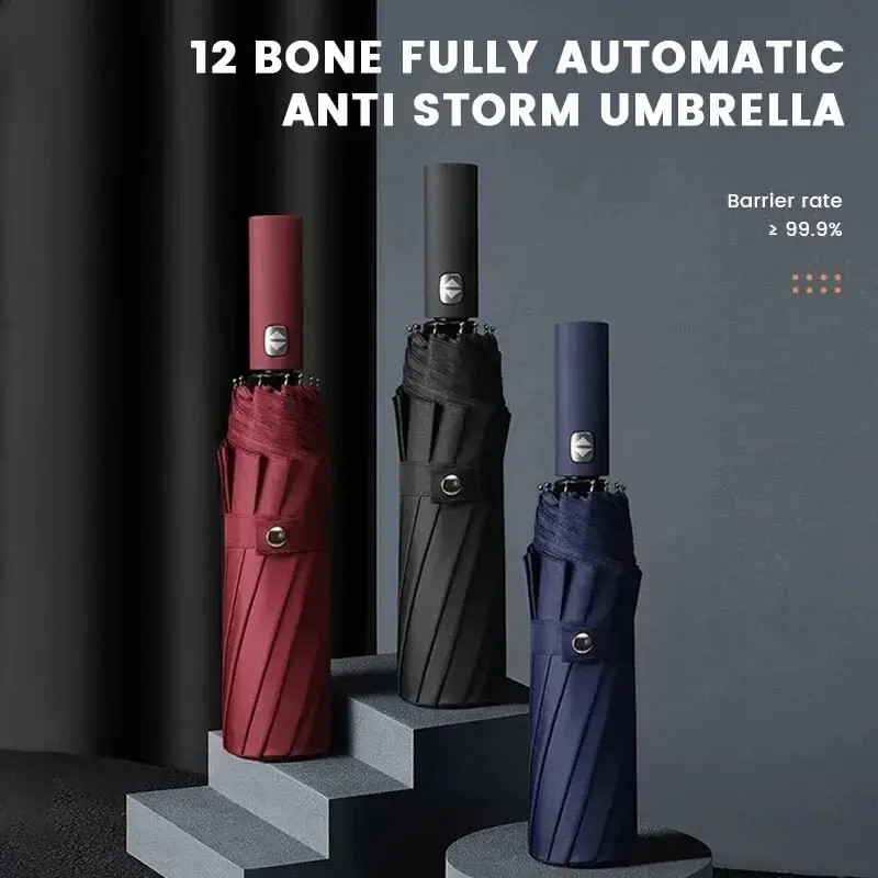 Automatic Folding Umbrella 12 Bone Windproof UV Resistant Three Fold Durable