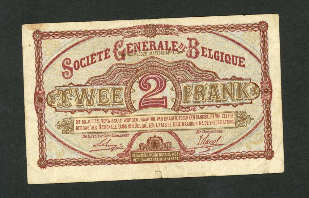 BELGIUM 2 FRANCS 1918 PICK # 87 FINE+.