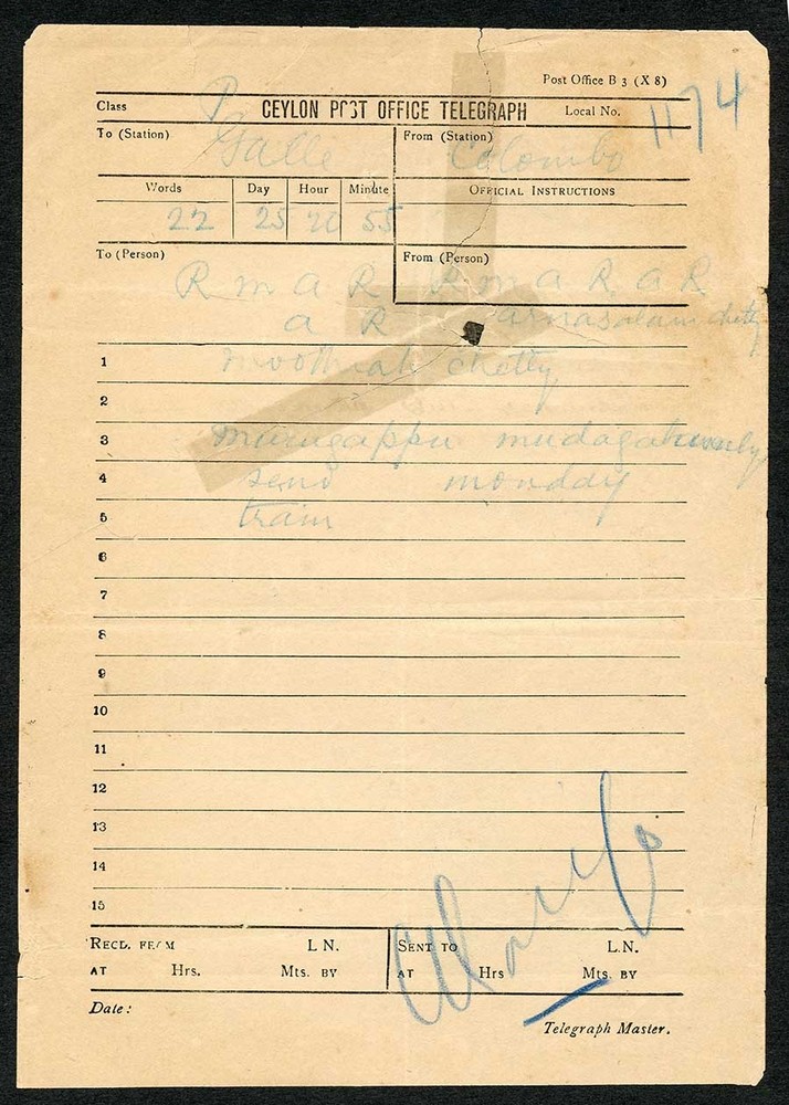 Ceylon Telegraph Stampless form used at Colombo