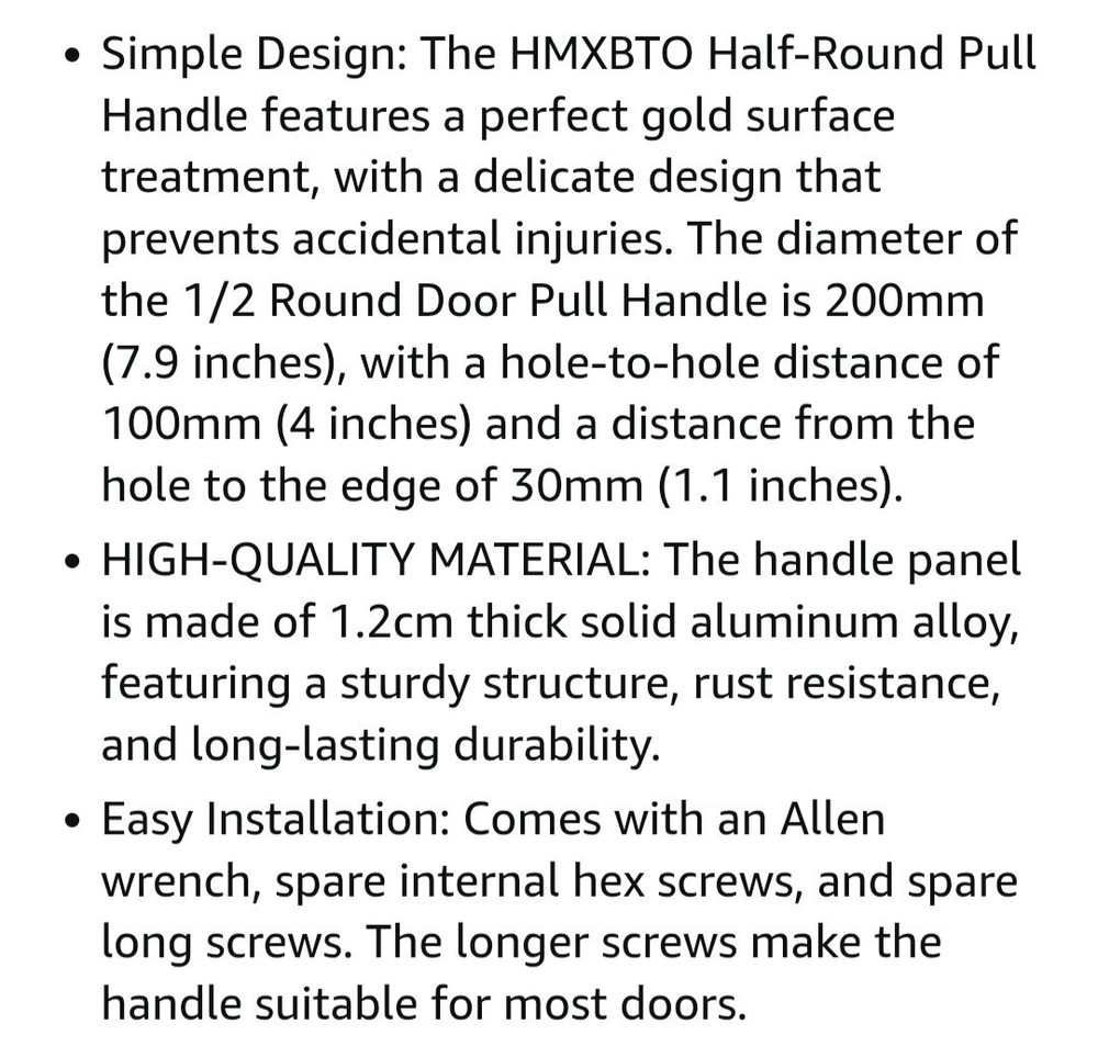 Half-Round Pull Handle, Double-Sided Heavy-Duty Diameter 200mm/7.9in Gold