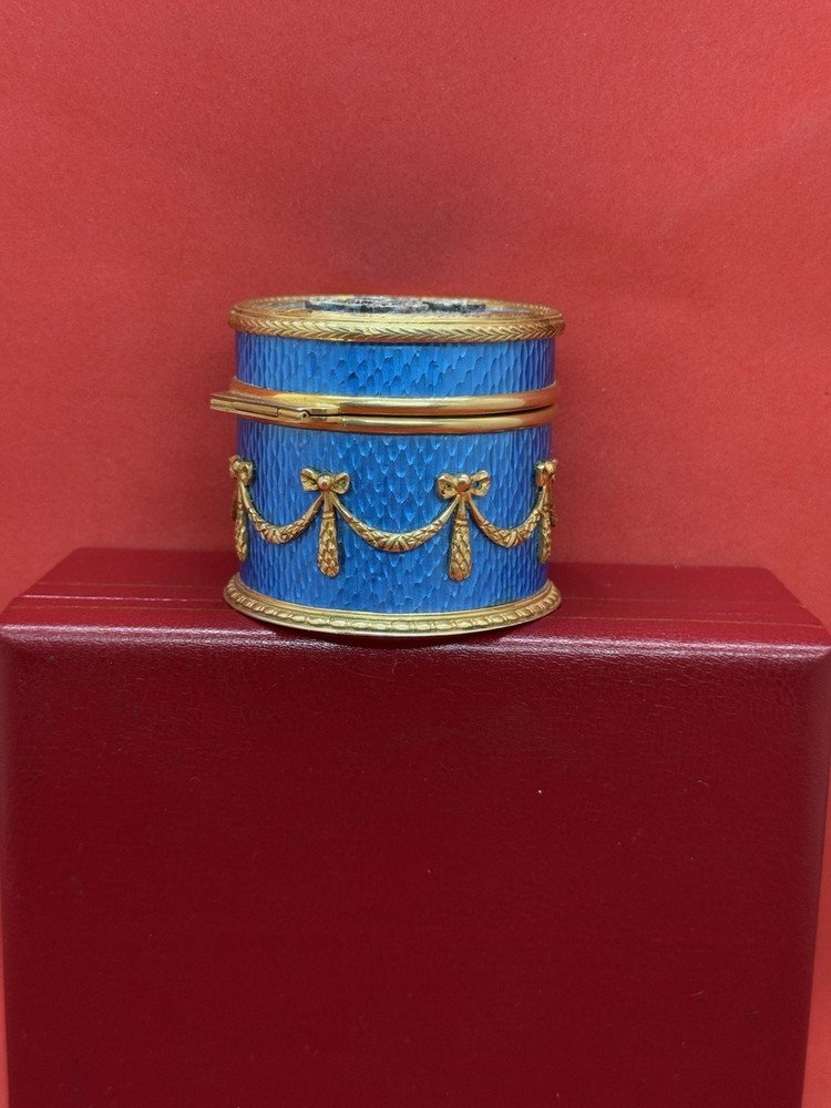 Antique Gilt Enamel Guilloche Solid Silver Diamond Snuff Pill Box Mint Condition