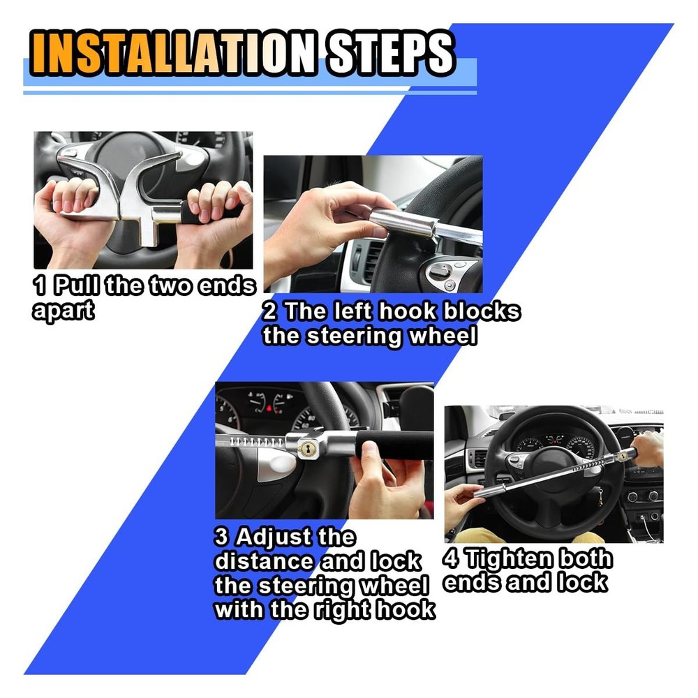 Car Steering Wheel Lock, Security Anti-Theft Device Retractable Black