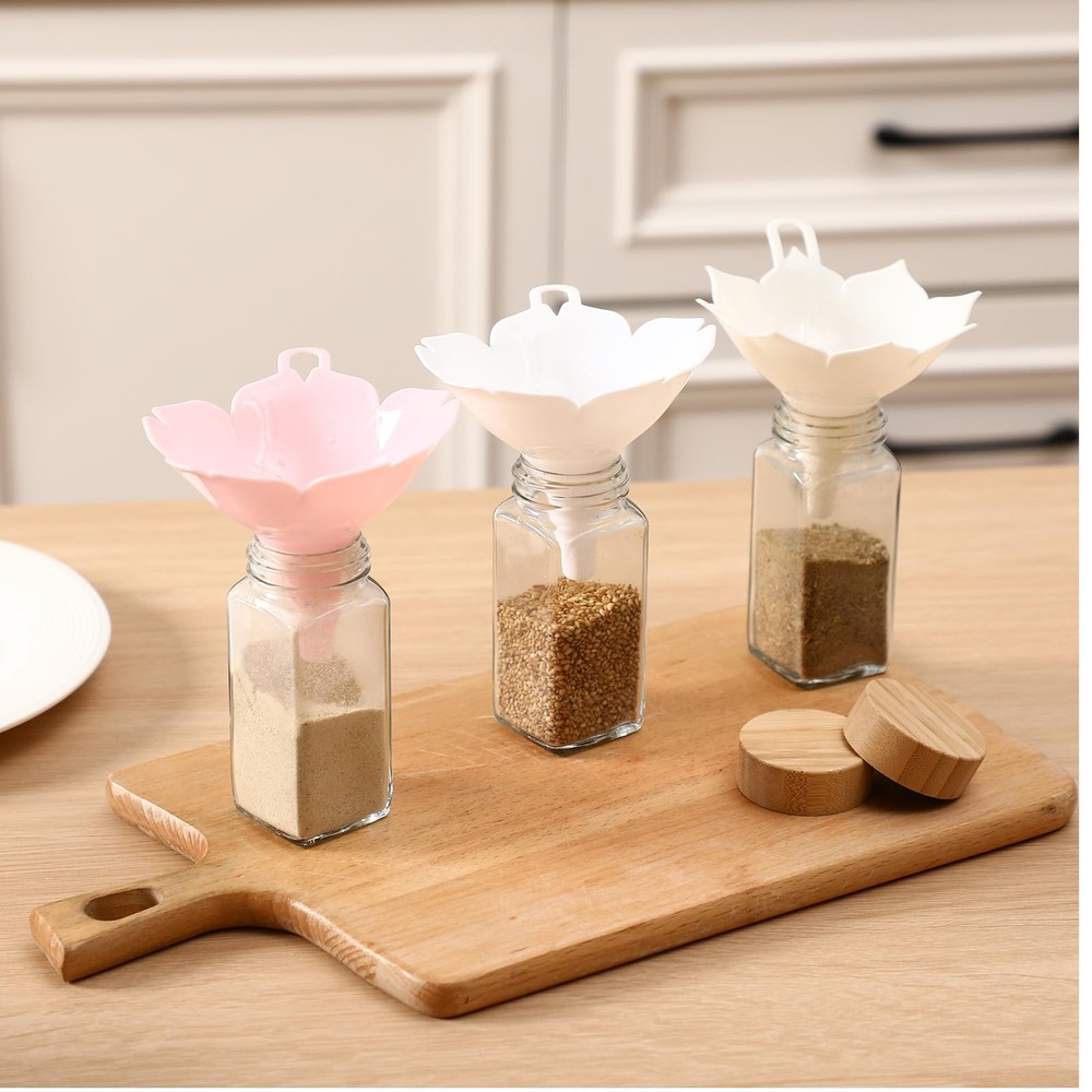 LemonRoad 4pcs Different Flower Plastic Kitchen Funnel Hangable White, Pink