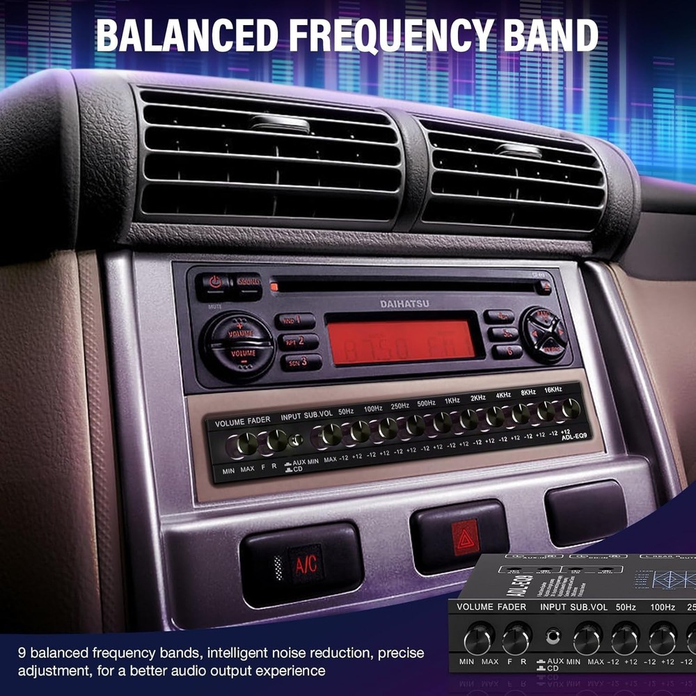 9-Band Car Equalizer with CD/AUX Input & Adjustable Subwoofer Control