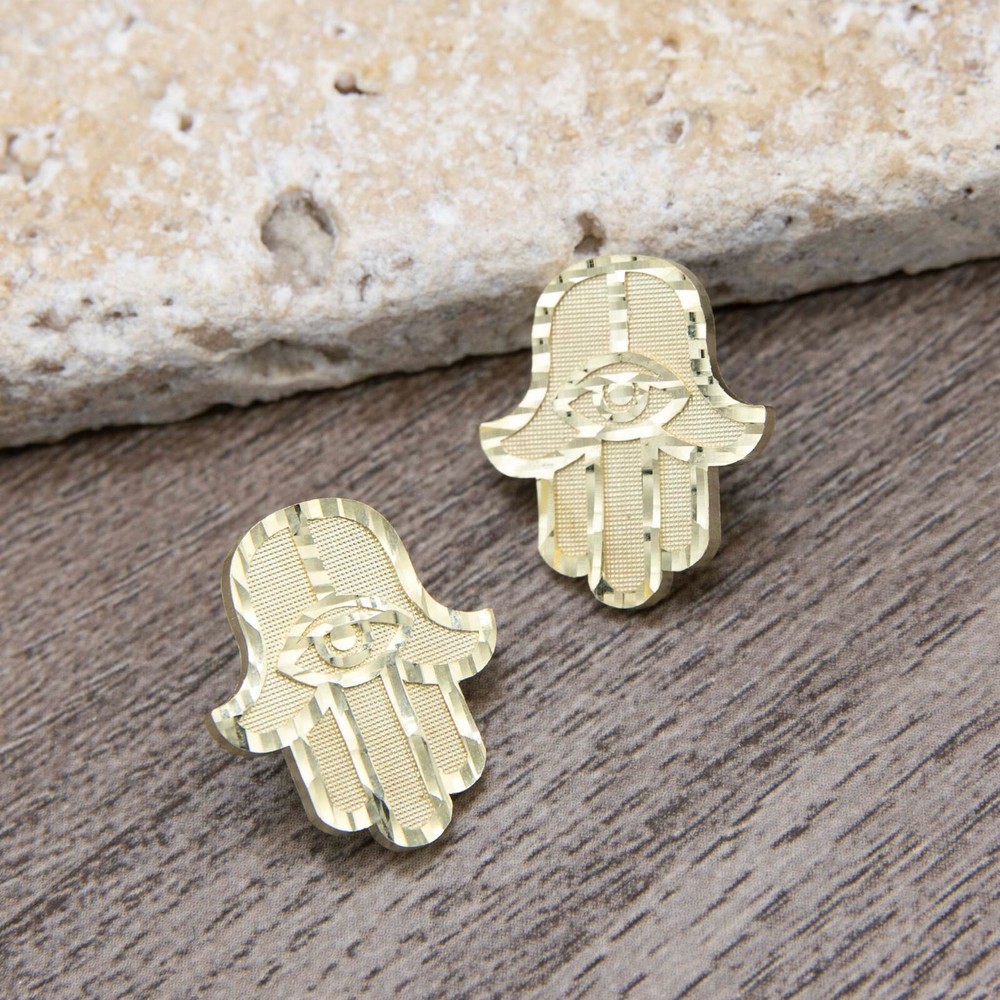 3/4" Diamond Cut Hamsa Stud Earrings Real Solid 10K Yellow Gold