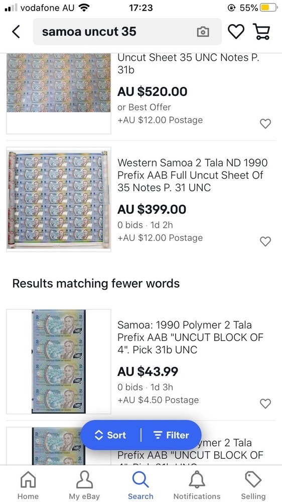 1990 samoa 2 tala 35pc uncut sheet Banknote rare. Cheapest