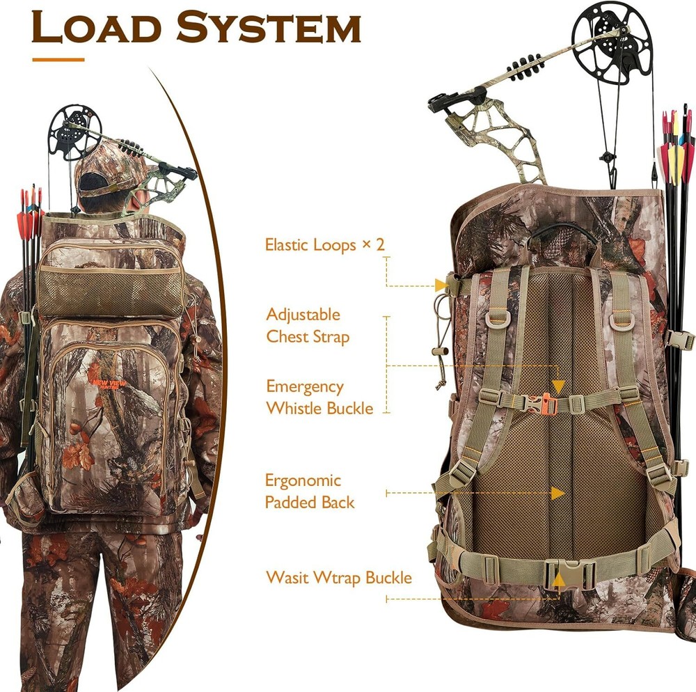Large Saddle Hunting Pack for Compound Bow, with Bow Holder & Camo Design
