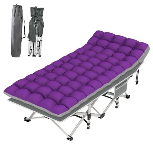 Camping Cot, Folding Camping Cot Bed for 75"×28"×15" Striped Cot & Purple Pad