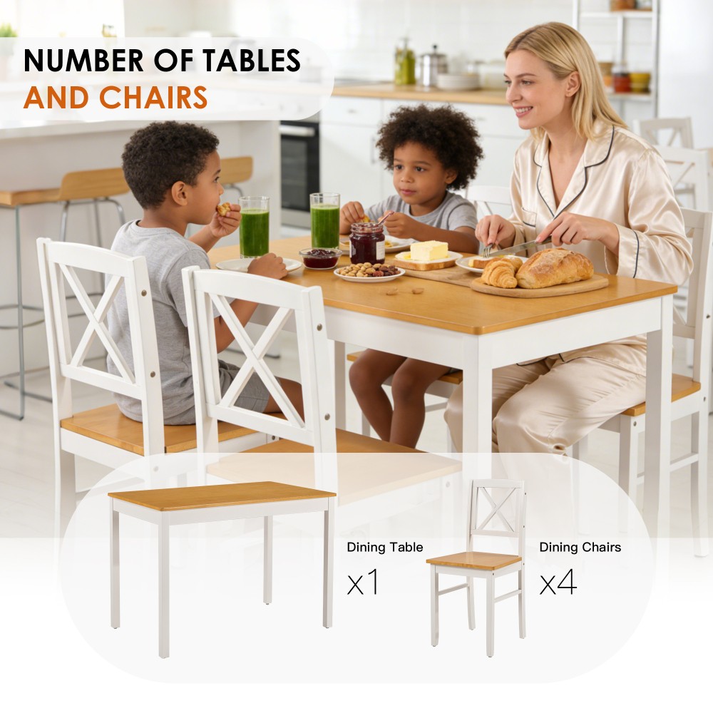 5-Piece Dining Table Set with 4 Chairs, Natural Pine, Space-Saving