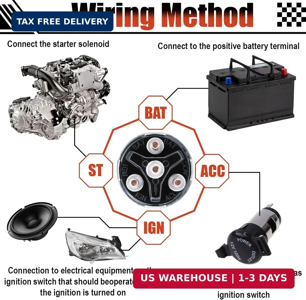Ignition Switch with Key, Universal Ignition Key Switch, 12V 4 Position Starter