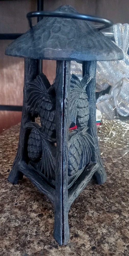 Cast Iron Triangular Votive Tealight Candle Holder / Lantern Pinecone Design