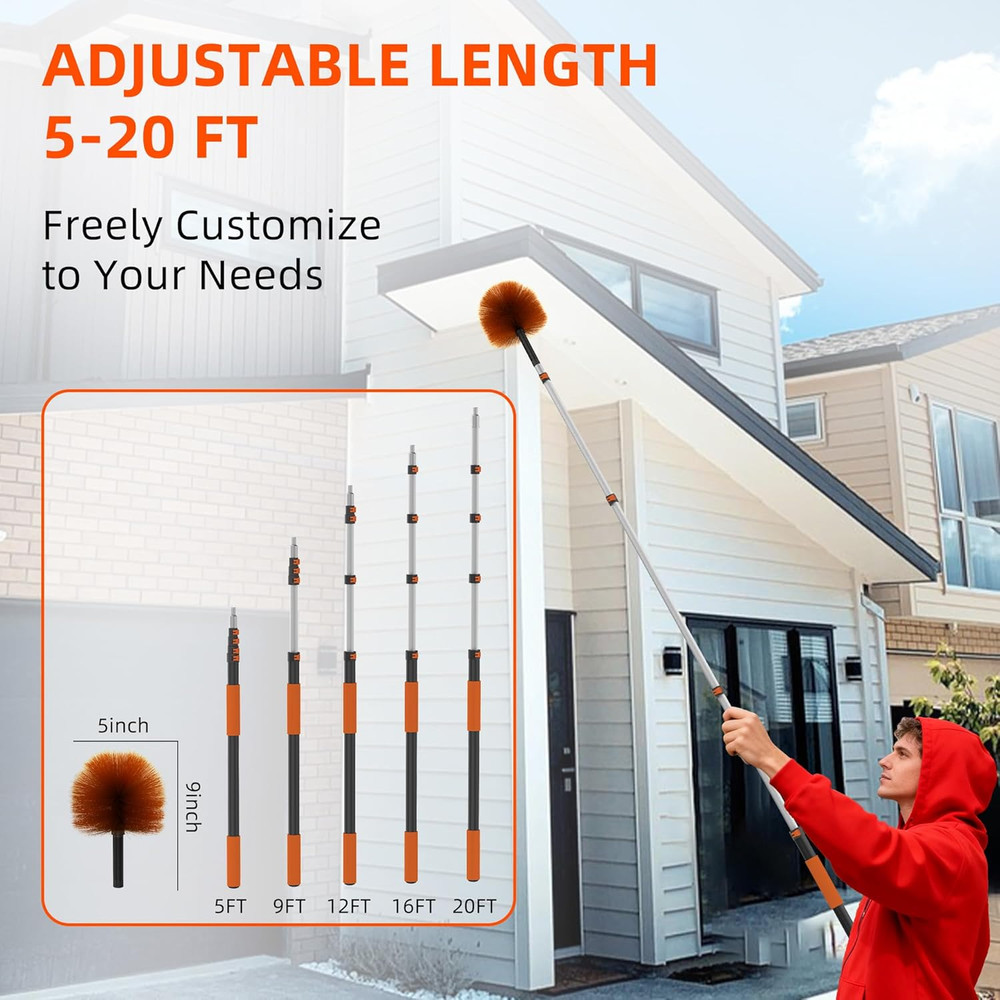 26 FT Cobweb Duster with Extension Pole, Cobweb Duster with 5-20FT Telescoping E