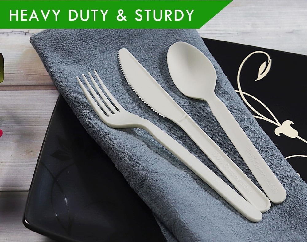 7" Heavy-duty Compostable Cutlery Kits, BPI Certified, 200 Sets Fork, Spoon,K...