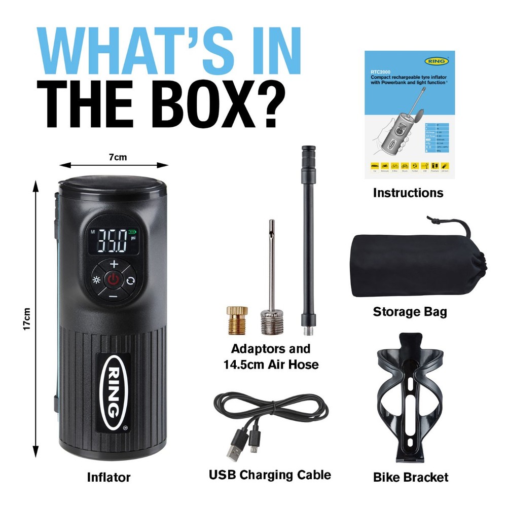 Ring Cordless Handheld Rechargeable Car Tyre Inflator Air Compressor RTC2000