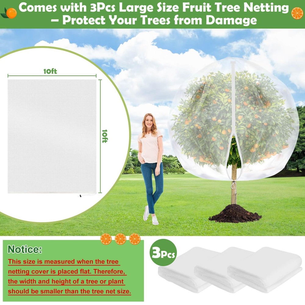 10x10 FT Fruit Trees Netting with Zipper,3Pcs Large Tree Nets for Fruit Trees...