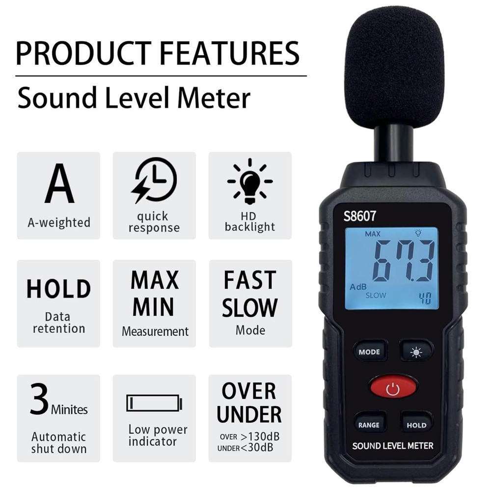 Digital Sound Meter with Data Hold Function 30-130dB Measuring Range A-Weight