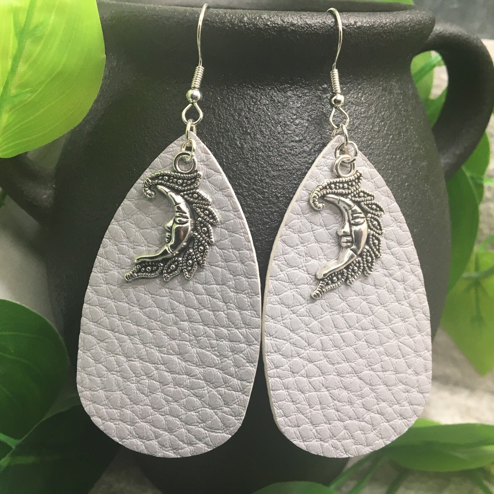 3” Silver-tone Crescent Moon Pendant & Leather Earring Set Drop Dangle New A974