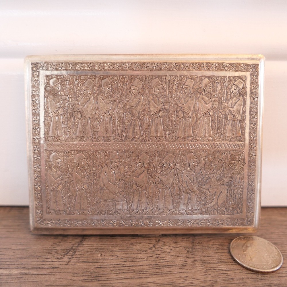 Antique Khosrow 84 Solid Silver Persian Chased Relief Scene Cigarette Case !!!
