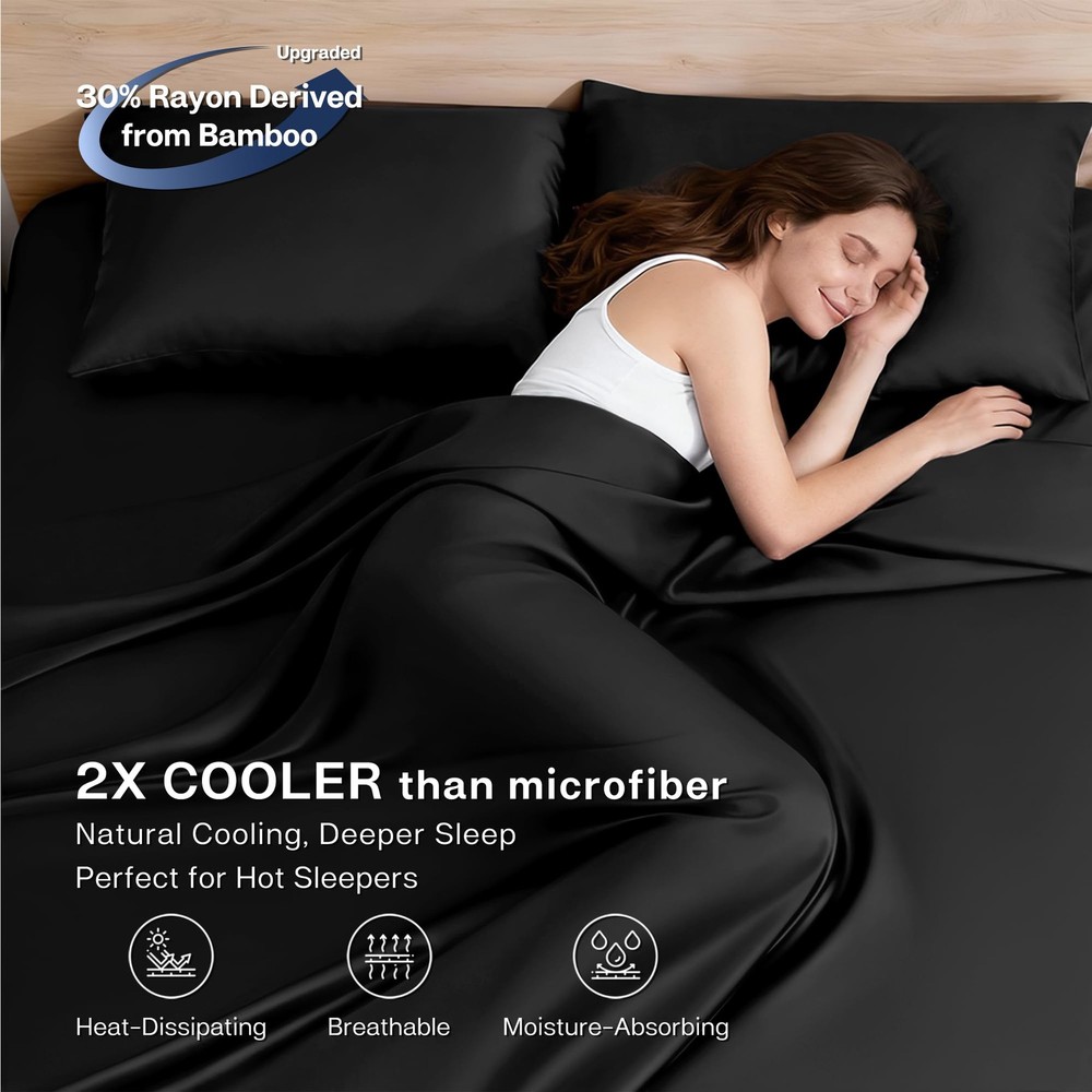 Queen Sheet Set, 4-Piece Cooling Sheets, Rayon Derived from Bamboo & Polyeste...