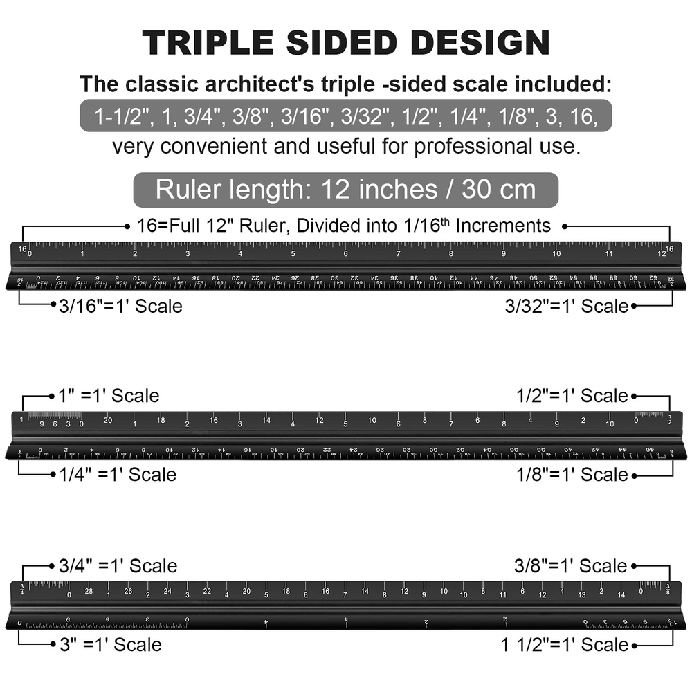 Engineers Architectural Scale Triangular Ruler with Standard Metal Ruler 2 Pack