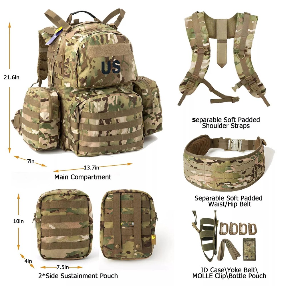 MOLLE Medium Rucksack Internal Frame Multi-Terrain Camo 50L Pack w/ Pouches
