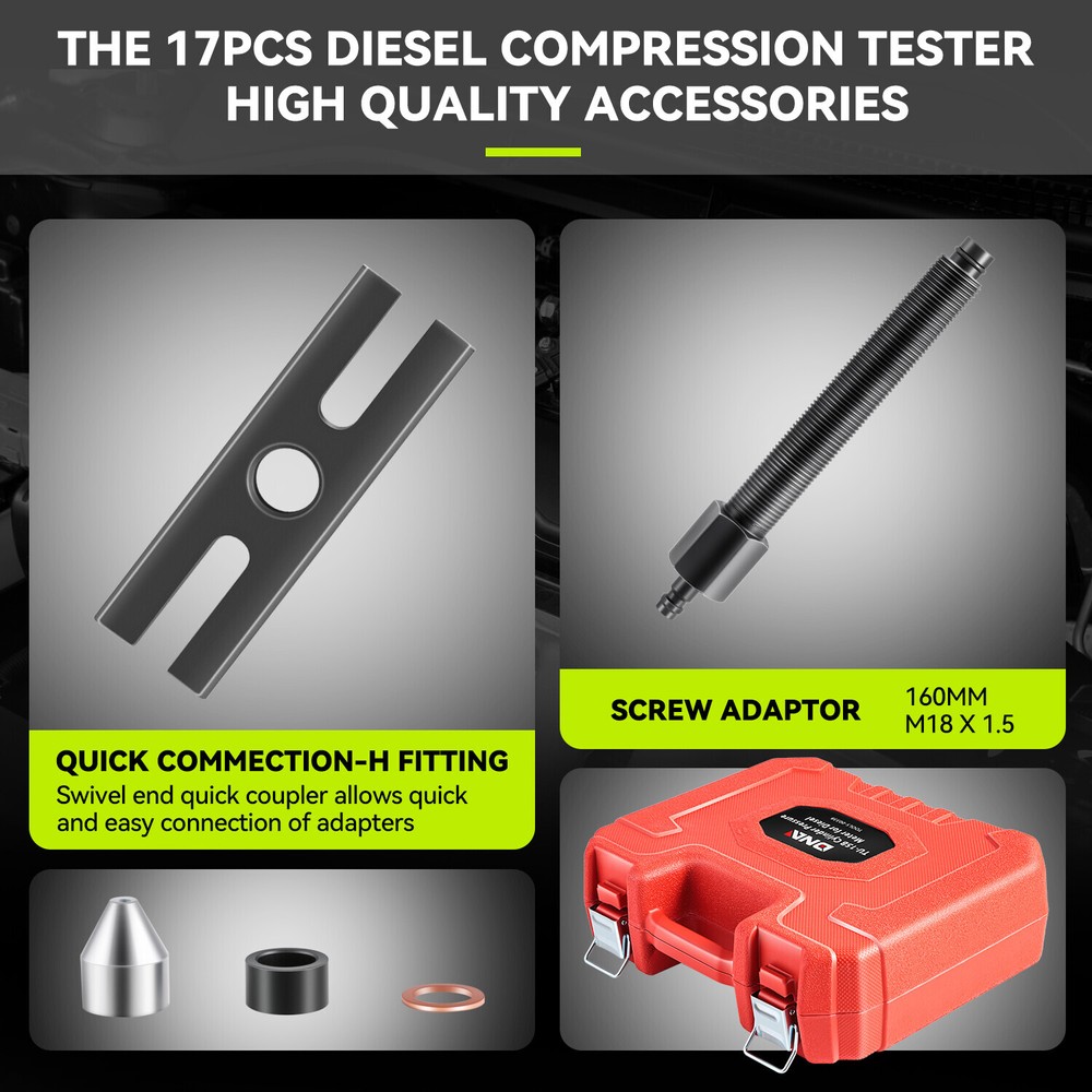 TU-15B Steel Cylinder Diesel Engine Compression Tester Tool Kits 1000 Psi Red