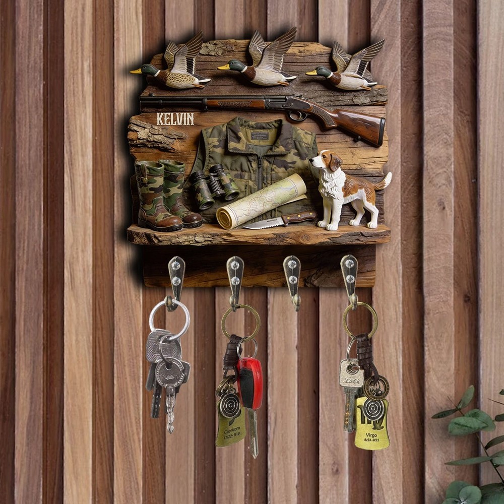 Personalized Duck Hunting Key Holder, Rustic Wall Hooks Custom Name Cabin Gift