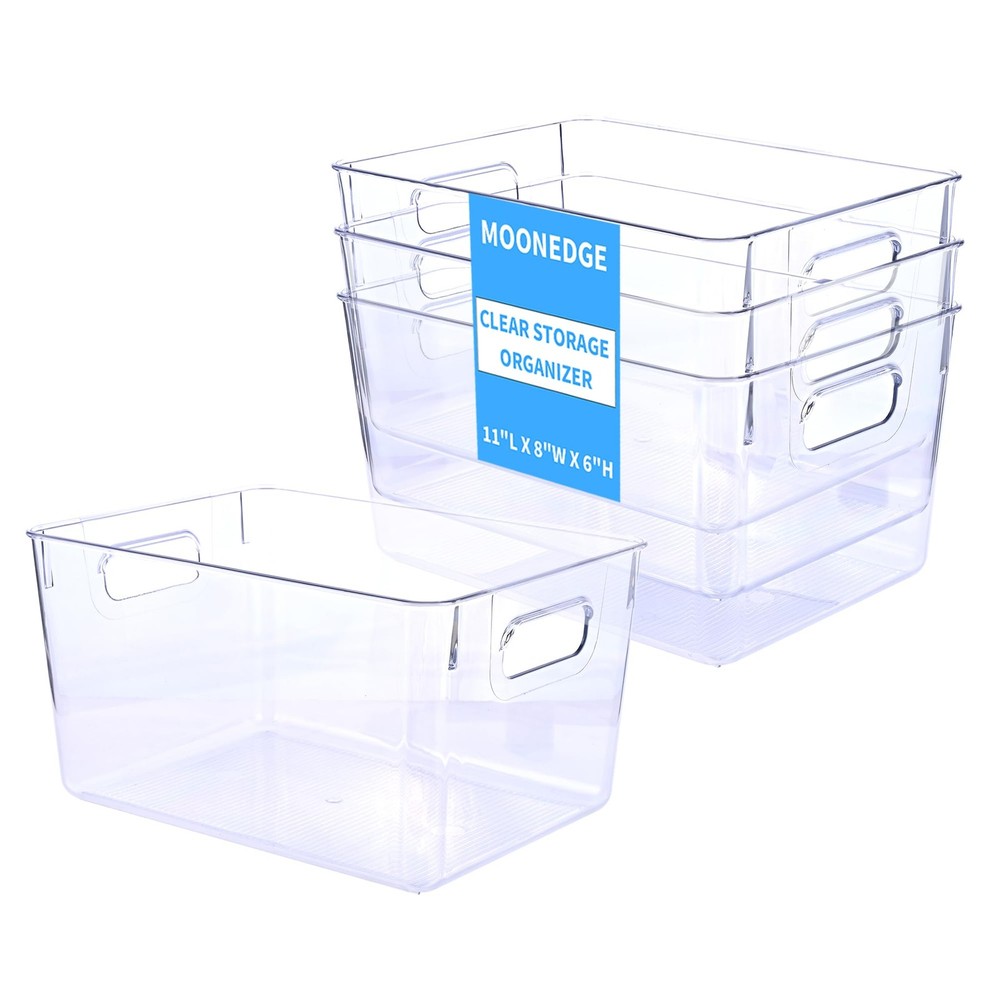 MOONEDGE 4 Pack Open Clear Plastic Storage Bins 11x8x6 Stackable Organizer Conta