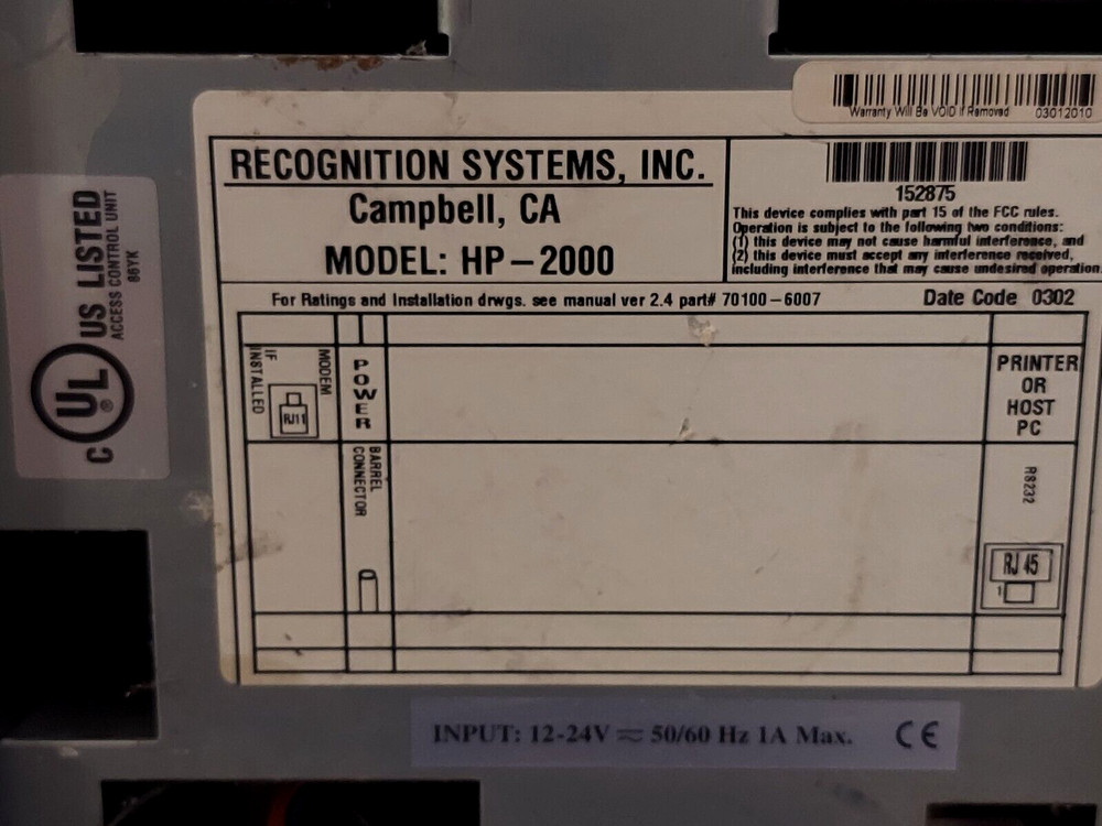 IR Recognition System Hand Punch 2000 Biometric Employee Time Clock - UNTESTED