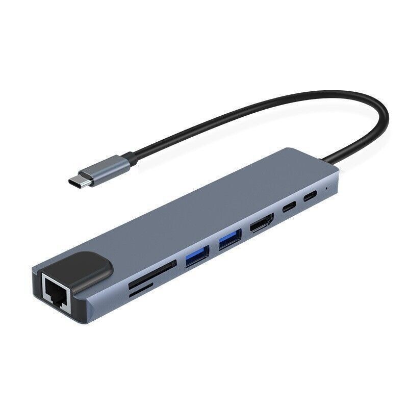8-in-1 USB C Hub Type-C Adapter For PC Windows Multi 3.0 4K HDMI Etherne 8 Ports