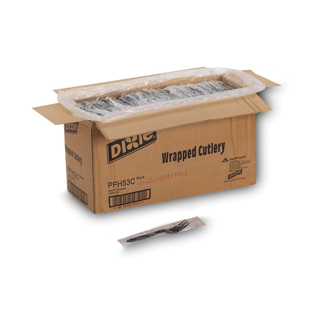 Dixie® Individually Wrapped Heavyweight Utensils, Fork, Plastic, Black, 1000/Car