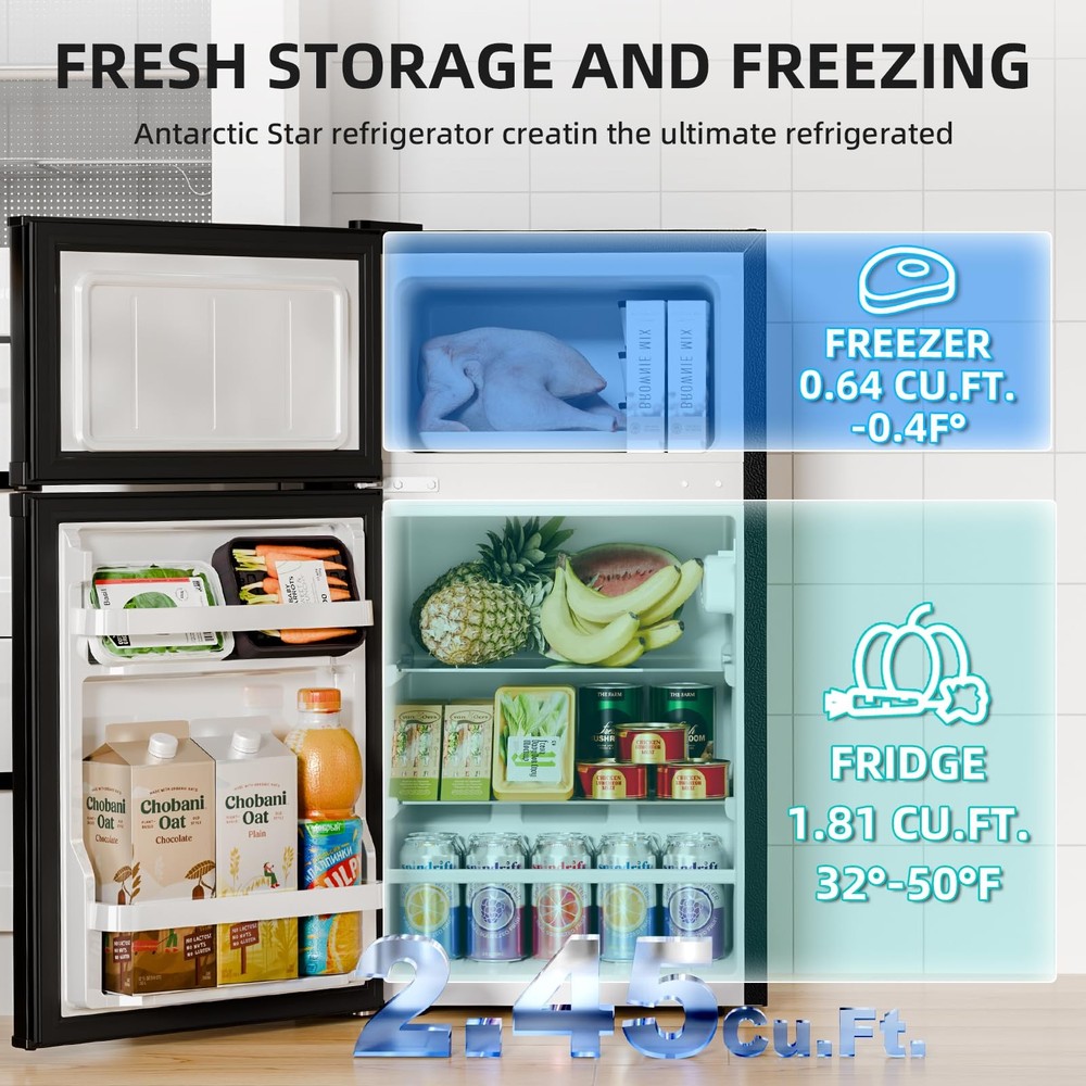 Mini Fridge with Freezer, Double Door Compact Refrigerator, Adjustable Thermo...