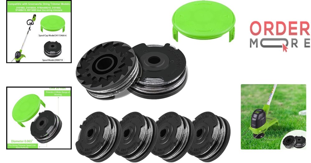 Dual Line Trimmer Replacement Spool 20ft 6-Pack for Greenworks String Trimmers