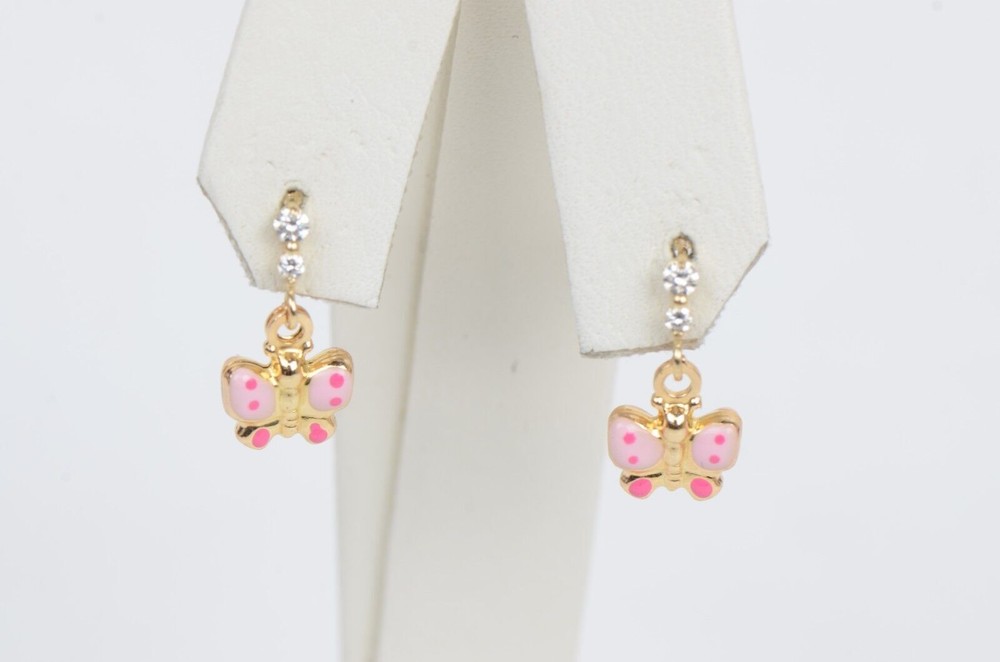 14K Solid Yellow Gold Butterfly Dangle Earring with Enamel