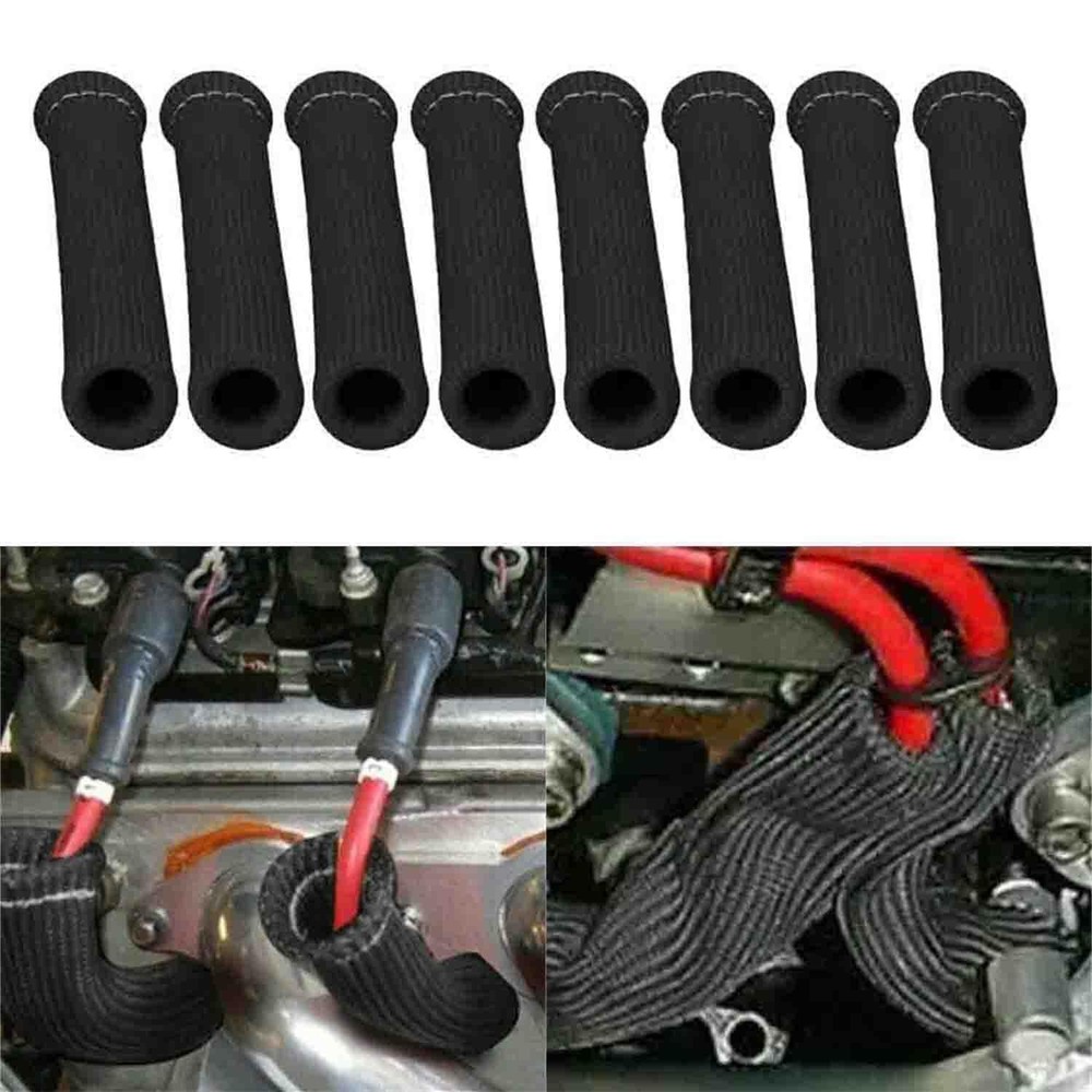 8PCS 2500° Spark Plug Wire Heat Shield Boots Black