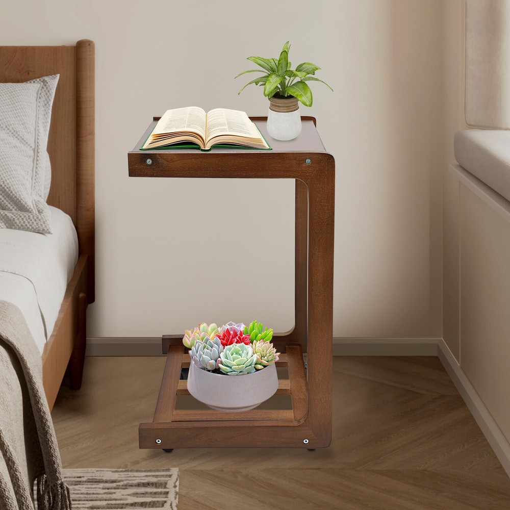 C-shaped End Table W/ Universal Wheels Walnut-colored Freestand Small Side Table