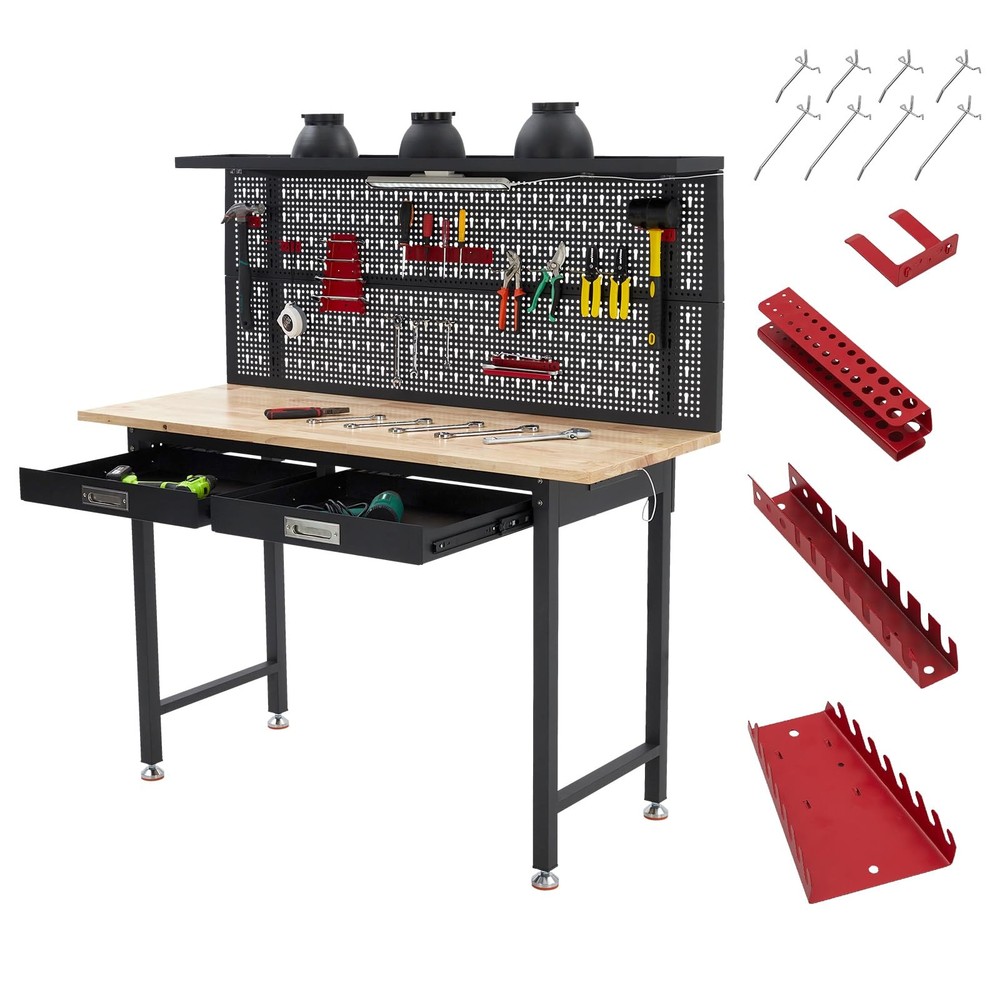 🔝60" Adjustable Heavy Duty Workbench 2000 LBS Work Table with 2 Drawers LED Lig