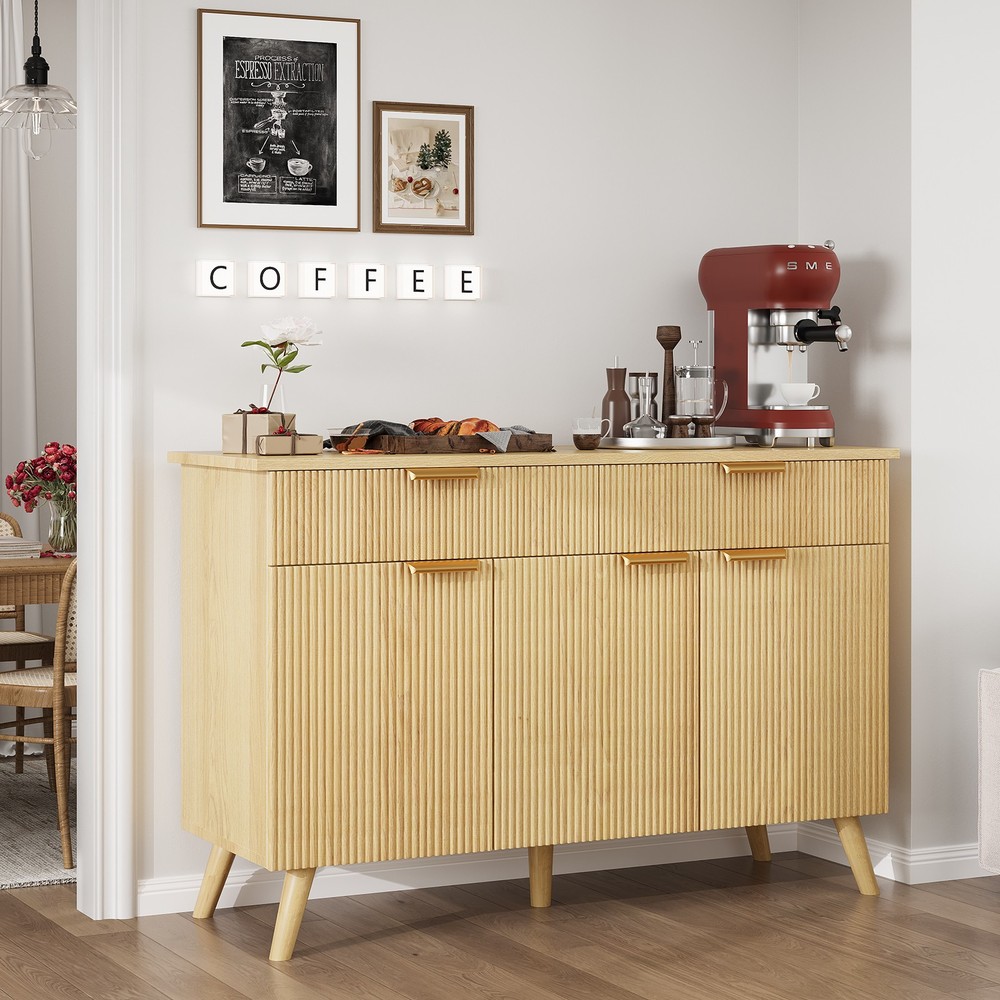 Kitchen Storage Cabinet with Drawers and Doors, Modern Fluted Sideboard Buffet