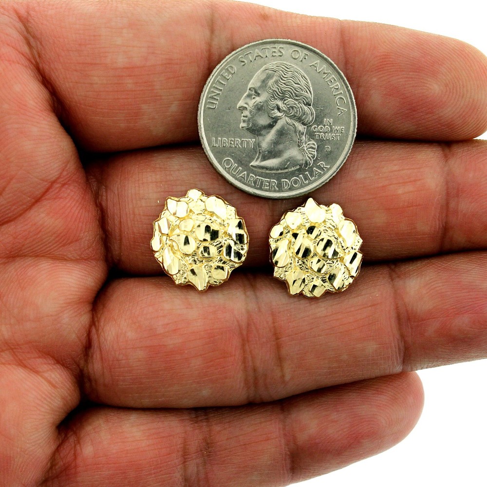 Real 10K Solid Yellow Gold 15MM Diamond Cut Large Round Nugget Stud Earrings