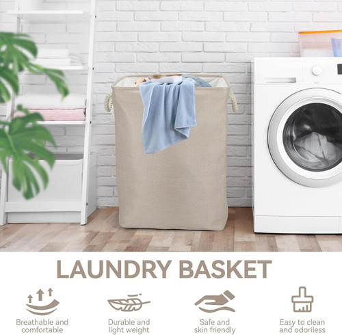 Collapsible & Stackable large Laundry Hamper with Drawstring - Large, Beige