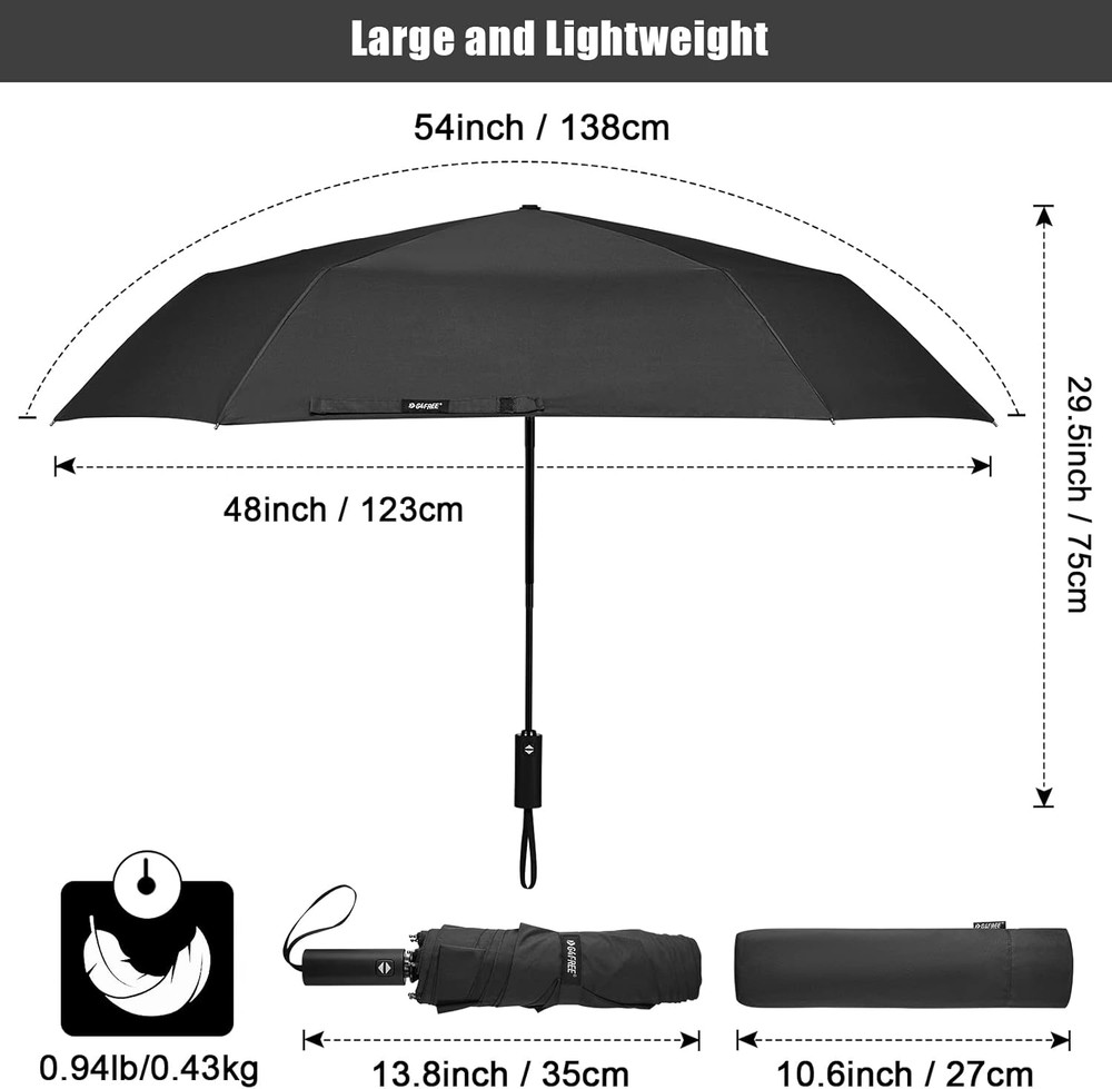 54 Inch Large Golf Umbrella, Automatic Square 3 Folding Windproof Compact Travel