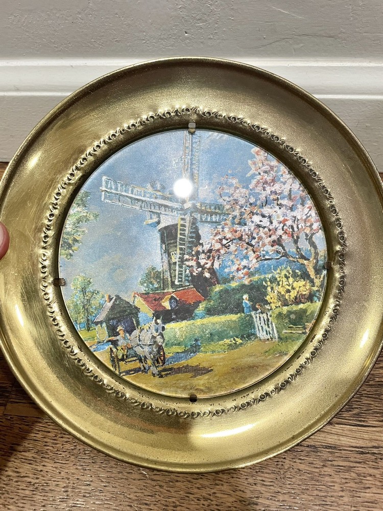 Vintage Made in England Solid Brass Decorative Art Plate Windmill NL