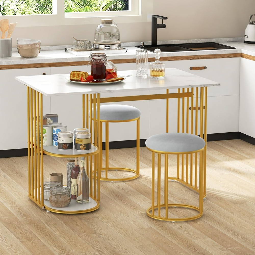 3-Piece Dining Table Set for 2, Rectangular Kitchen Table with 2 Stools, 2-Ti...