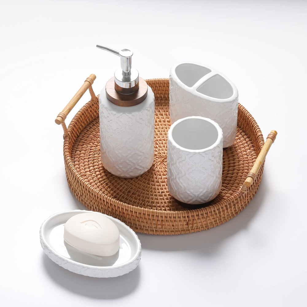 RQYIXI 4 Piece Bathroom Accessories Set, White Ceramic Bath Accessory Set wit...