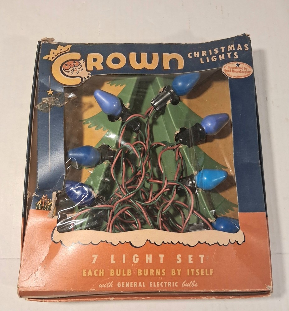 Crown Christmas Light String Strand with C 7.5 Box Bulbs Working GE Antique