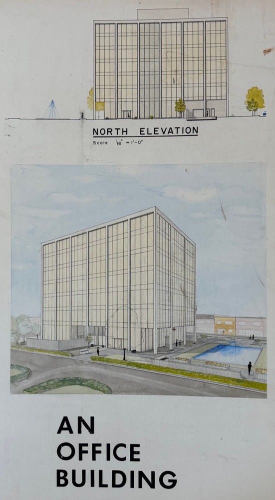 Vintage 1970s Office Building Architectural Rendering Plans Blue Prints