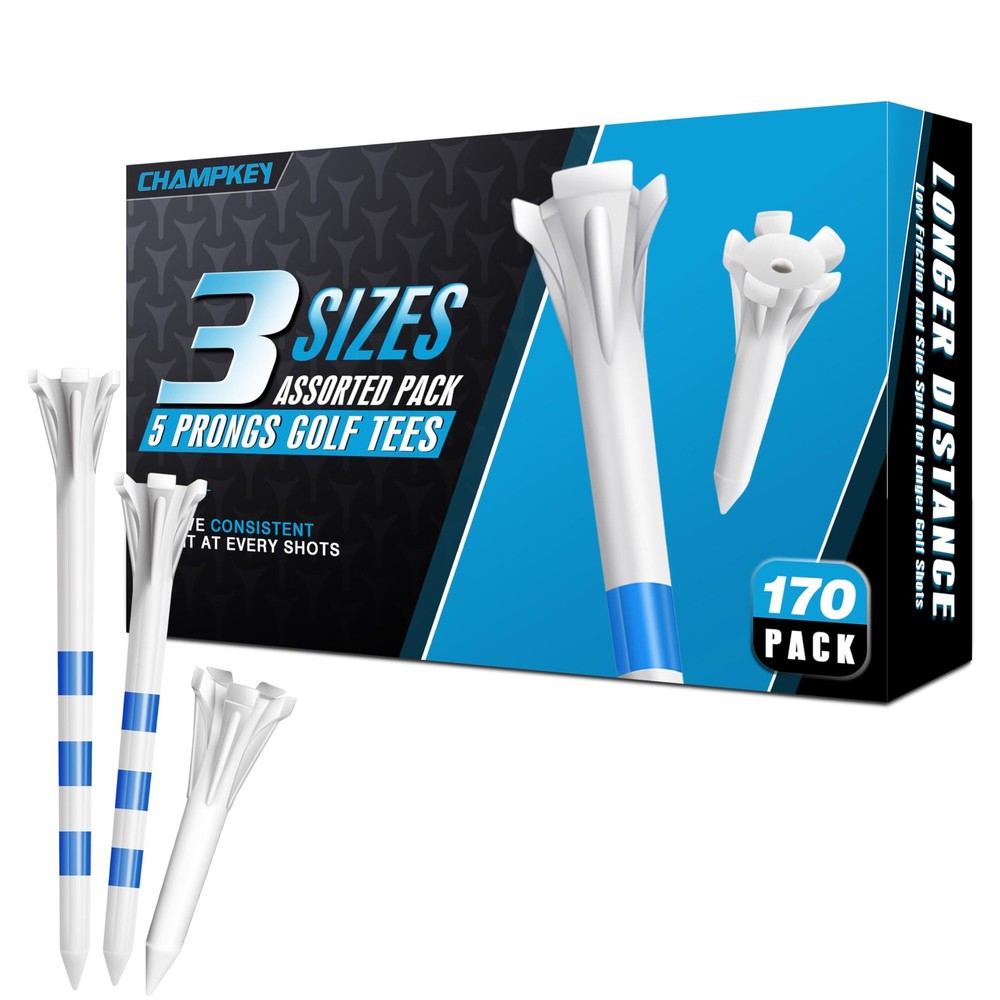 CHAMPKEY Professional 170 Pack 5-Prong Plastic Golf Tees 3 Sizes White