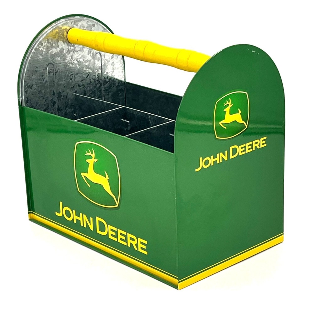 John Deere Licensed Tin Caddy Box Wooden Handle Tool Utensil Compartments
