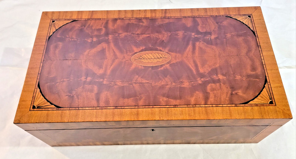 Vintage Inlaid Veneered w/ Hinged Lid Small Trunk-Large Document Box Conch Shell