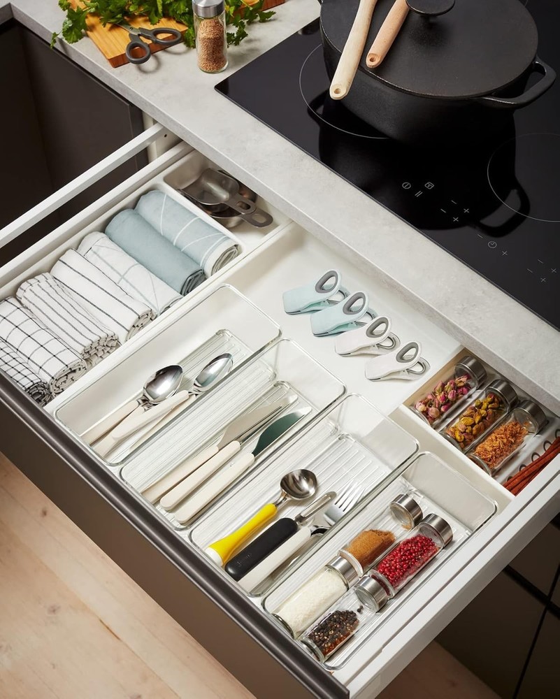 8 Pack Clear Plastic Drawer Organizer Bins Set Stackable Cutlery Storage Bins